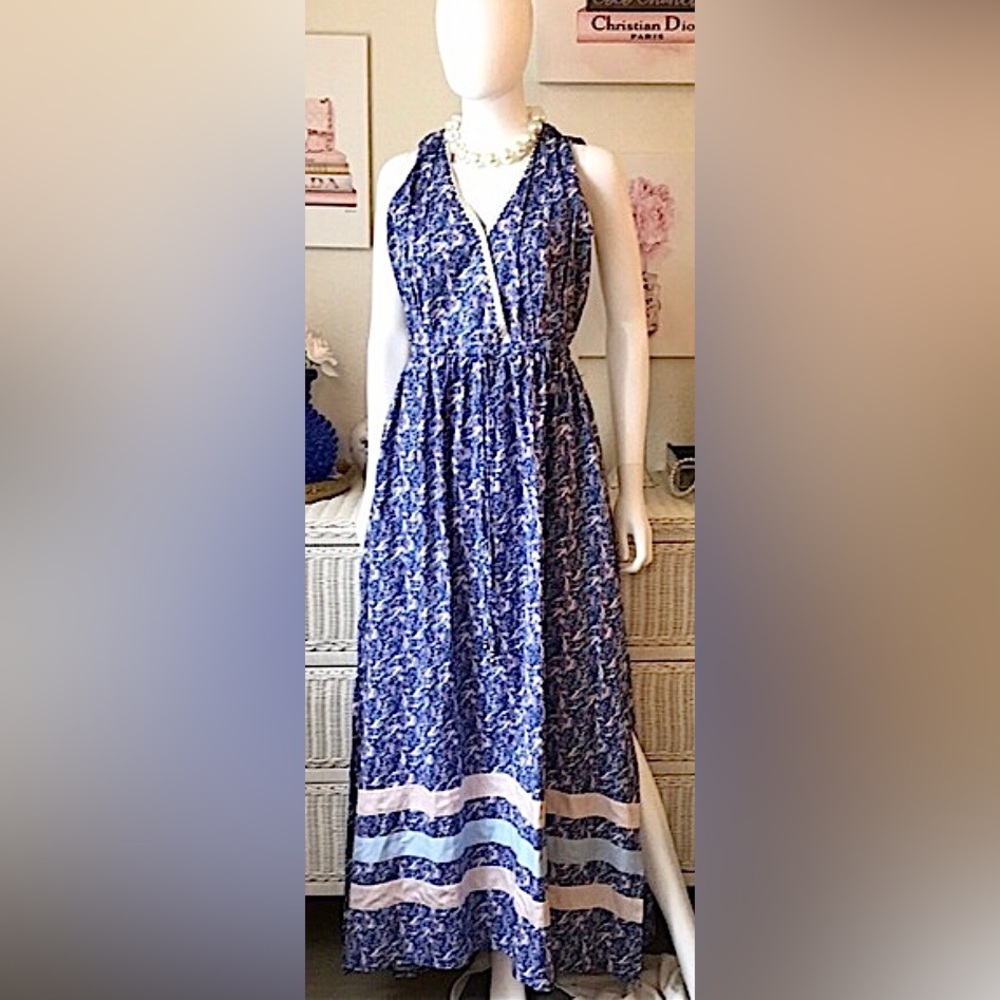 Sleeveless Blue Floral Maxi Dress with Striped Hem